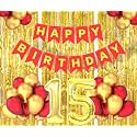 Flyloons 15th Birthday Decoration items for Girls Boys Husband Wife Valentine with Gold and Red Balloons, Red Happy Birthday Banner, Golden Foil curtains, Foil Balloon number 15