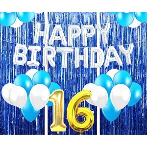 flyloons 16th birthday decoration items for girls with blue and white balloons silver happy birthday banner blue foil curtains foil balloon number 16