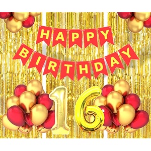flyloons 16th birthday decoration items for girls boys husband wife valentine with gold and red balloons red happy birthday banner golden foil curtains foil balloon number 16