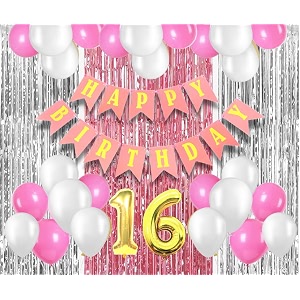 flyloons 16th birthday decoration items for girls with pink and white balloons pink happy birthday banner pink and silver foil curtain foil balloon number 16