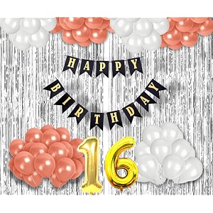 flyloons 16th birthday decoration items for girls with rose gold and white balloons black happy birthday banner silver foil curtain foil balloon number 16