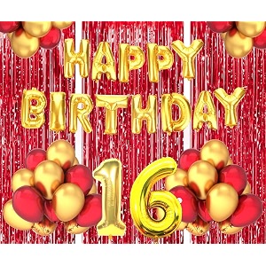 flyloons 16th birthday decoration items for girls boys husband wife valentine with gold and red balloons golden happy birthday banner red foil curtains foil balloon number 16