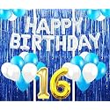 Flyloons 16th Birthday Decoration items for Girls with Blue and White Balloons, Silver Happy Birthday Banner, Blue Foil curtains, Foil Balloon number 16