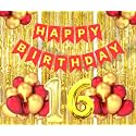 Flyloons 16th Birthday Decoration items for Girls Boys Husband Wife Valentine with Gold and Red Balloons, Red Happy Birthday Banner, Golden Foil curtains, Foil Balloon number 16