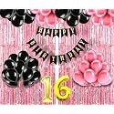 Flyloons 16th Birthday Decoration items for Girls with Black and Pink Balloons, Black Happy Birthday Banner, Pink Foil Curtain, Foil Balloon number 16