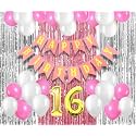 Flyloons 16th Birthday Decoration items for Girls with Pink and White Balloons, Pink Happy Birthday Banner, Pink and Silver Foil Curtain, Foil Balloon number 16