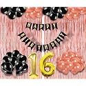 Flyloons 16th Birthday Decoration items for Girls with Black and Rose Gold Balloons, Black Happy Birthday Banner, Rose Gold Foil Curtain, Foil Balloon number 16
