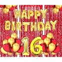 Flyloons 16th Birthday Decoration items for Girls Boys Husband Wife Valentine with Gold and Red Balloons, Golden Happy Birthday Banner, Red Foil curtains, Foil Balloon number 16