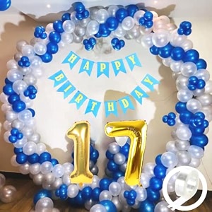 flyloons 17th birthday decoration items for boys with blue silver and white balloons blue happy birthday banner arch tape foil balloon number 17