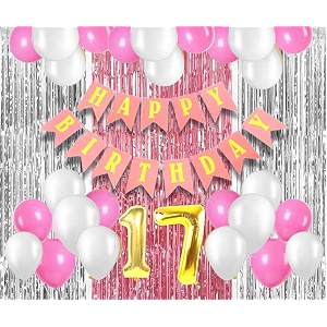 flyloons 17th birthday decoration items for girls with pink and white balloons pink happy birthday banner pink and silver foil curtain foil balloon number 17
