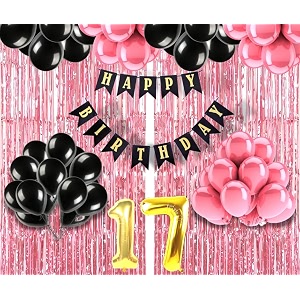 flyloons 17th birthday decoration items for girls with black and pink balloons black happy birthday banner pink foil curtain foil balloon number 17