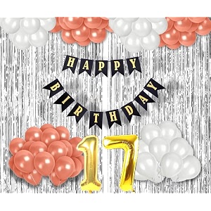 flyloons 17th birthday decoration items for girls with rose gold and white balloons black happy birthday banner silver foil curtain foil balloon number 17
