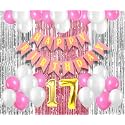 Flyloons 17th Birthday Decoration items for Girls with Pink and White Balloons, Pink Happy Birthday Banner, Pink and Silver Foil Curtain, Foil Balloon number 17
