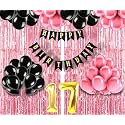 Flyloons 17th Birthday Decoration items for Girls with Black and Pink Balloons, Black Happy Birthday Banner, Pink Foil Curtain, Foil Balloon number 17