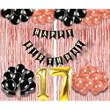 Flyloons 17th Birthday Decoration items for Girls with Black and Rose Gold Balloons, Black Happy Birthday Banner, Rose Gold Foil Curtain, Foil Balloon number 17