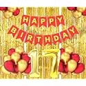 Flyloons 17th Birthday Decoration items for Girls Boys Husband Wife Valentine with Gold and Red Balloons, Red Happy Birthday Banner, Golden Foil curtains, Foil Balloon number 17