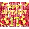 Flyloons 17th Birthday Decoration items for Girls Boys Husband Wife Valentine with Gold and Red Balloons, Golden Happy Birthday Banner, Red Foil curtains, Foil Balloon number 17