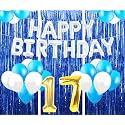 Flyloons 17th Birthday Decoration items for Girls with Blue and White Balloons, Silver Happy Birthday Banner, Blue Foil curtains, Foil Balloon number 17
