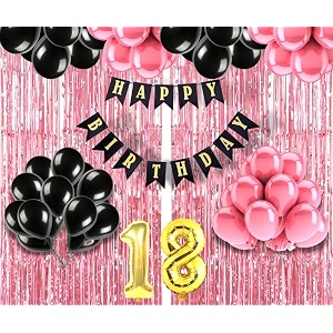 flyloons 18th birthday decoration items for girls with black and pink balloons black happy birthday banner pink foil curtain foil balloon number 18