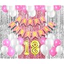 Flyloons 18th Birthday Decoration items for Girls with Pink and White Balloons, Pink Happy Birthday Banner, Pink and Silver Foil Curtain, Foil Balloon number 18