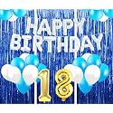 Flyloons 18th Birthday Decoration items for Girls with Blue and White Balloons, Silver Happy Birthday Banner, Blue Foil curtains, Foil Balloon number 18