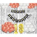 Flyloons 18th Birthday Decoration items for Girls with Rose Gold and White Balloons, Black Happy Birthday Banner, Silver Foil Curtain, Foil Balloon number 18
