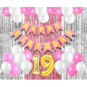 flyloons 19th birthday decoration items for girls with pink and white balloons pink happy birthday banner pink and silver foil curtain foil balloon number 19