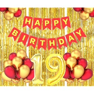 flyloons 19th birthday decoration items for girls boys husband wife valentine with gold and red balloons red happy birthday banner golden foil curtains foil balloon number 19