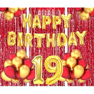 flyloons 19th birthday decoration items for girls boys husband wife valentine with gold and red balloons golden happy birthday banner red foil curtains foil balloon number 19