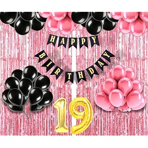 flyloons 19th birthday decoration items for girls with black and pink balloons black happy birthday banner pink foil curtain foil balloon number 19
