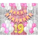 Flyloons 19th Birthday Decoration items for Girls with Pink and White Balloons, Pink Happy Birthday Banner, Pink and Silver Foil Curtain, Foil Balloon number 19