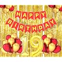 Flyloons 19th Birthday Decoration items for Girls Boys Husband Wife Valentine with Gold and Red Balloons, Red Happy Birthday Banner, Golden Foil curtains, Foil Balloon number 19