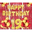 Flyloons 19th Birthday Decoration items for Girls Boys Husband Wife Valentine with Gold and Red Balloons, Golden Happy Birthday Banner, Red Foil curtains, Foil Balloon number 19