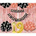 Flyloons 19th Birthday Decoration items for Girls with Black and Rose Gold Balloons, Black Happy Birthday Banner, Rose Gold Foil Curtain, Foil Balloon number 19