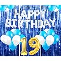 Flyloons 19th Birthday Decoration items for Girls with Blue and White Balloons, Silver Happy Birthday Banner, Blue Foil curtains, Foil Balloon number 19