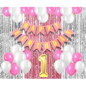 flyloons 1st birthday decoration items for girls with pink and white balloons pink happy birthday banner pink and silver foil curtain foil balloon number 1