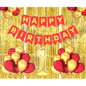 flyloons 1st birthday decoration items for girls boys husband wife valentine with gold and red balloons red happy birthday banner golden foil curtains foil balloon number 1