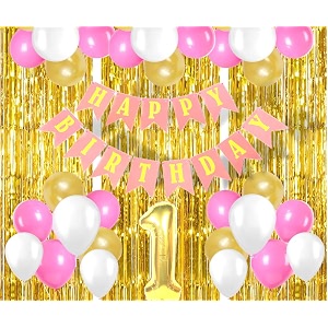 flyloons 1st birthday decoration items for girls with gold pink and white balloons pink happy birthday banner golden foil curtain foil balloon number 1