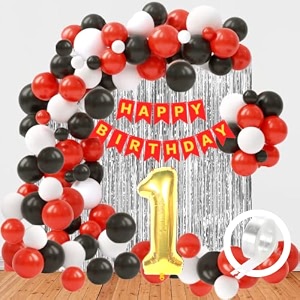 flyloons 1st birthday decoration items for girls with red white and black balloons red happy birthday banner silver foil curtain arch tape foil balloon number 1