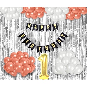 flyloons 1st birthday decoration items for girls with rose gold and white balloons black happy birthday banner silver foil curtain foil balloon number 1
