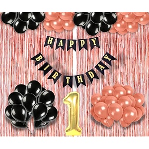 flyloons 1st birthday decoration items for girls with black and rose gold balloons black happy birthday banner rose gold foil curtain foil balloon number 1