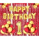 Flyloons 1st Birthday Decoration items for Girls Boys Husband Wife Valentine with Gold and Red Balloons, Golden Happy Birthday Banner, Red Foil curtains, Foil Balloon number 1