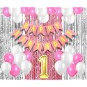 Flyloons 1st Birthday Decoration items for Girls with Pink and White Balloons, Pink Happy Birthday Banner, Pink and Silver Foil Curtain, Foil Balloon number 1