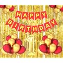 Flyloons 1st Birthday Decoration items for Girls Boys Husband Wife Valentine with Gold and Red Balloons, Red Happy Birthday Banner, Golden Foil curtains, Foil Balloon number 1