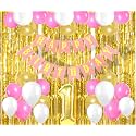 Flyloons 1st Birthday Decoration items for Girls with Gold Pink and White Balloons, Pink Happy Birthday Banner, Golden Foil Curtain, Foil Balloon number 1