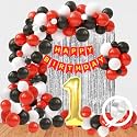 Flyloons 1st Birthday Decoration items for Girls with Red White and Black Balloons, Red Happy Birthday Banner, Silver Foil Curtain, Arch Tape, Foil Balloon number 1