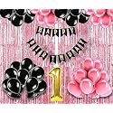 Flyloons 1st Birthday Decoration items for Girls with Black and Pink Balloons, Black Happy Birthday Banner, Pink Foil Curtain, Foil Balloon number 1