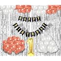 Flyloons 1st Birthday Decoration items for Girls with Rose Gold and White Balloons, Black Happy Birthday Banner, Silver Foil Curtain, Foil Balloon number 1