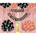 Flyloons 1st Birthday Decoration items for Girls with Black and Rose Gold Balloons, Black Happy Birthday Banner, Rose Gold Foil Curtain, Foil Balloon number 1