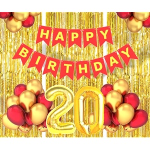 flyloons 20th birthday decoration items for girls boys husband wife valentine with gold and red balloons red happy birthday banner golden foil curtains foil balloon number 20